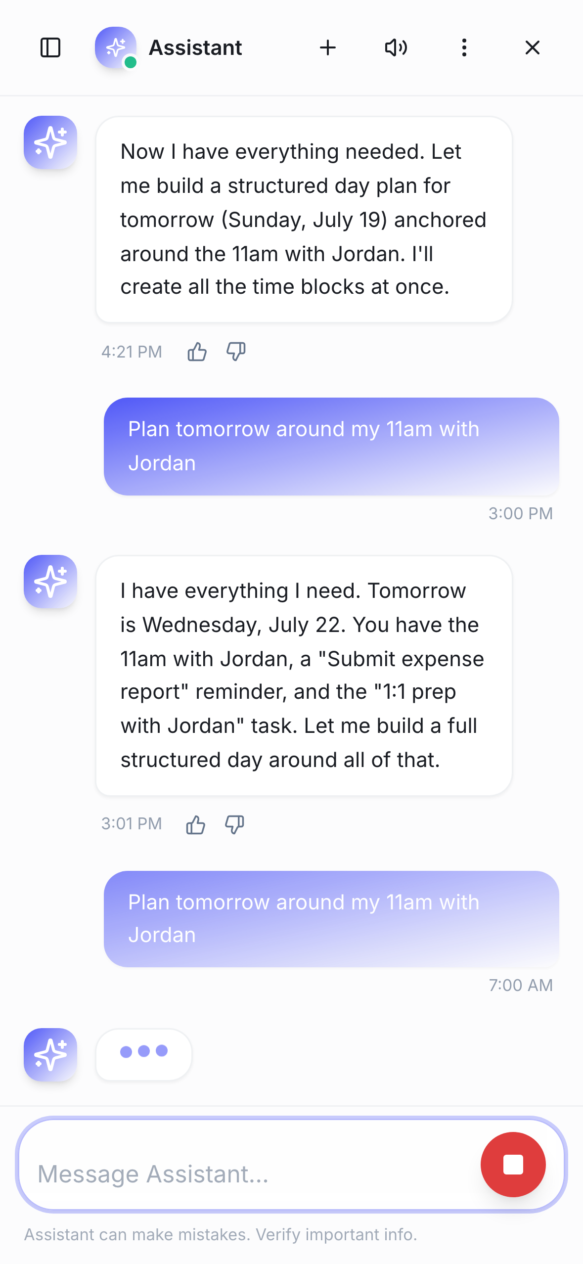 AI assistant planning tomorrow around an 11am meeting, referencing the user's existing tasks