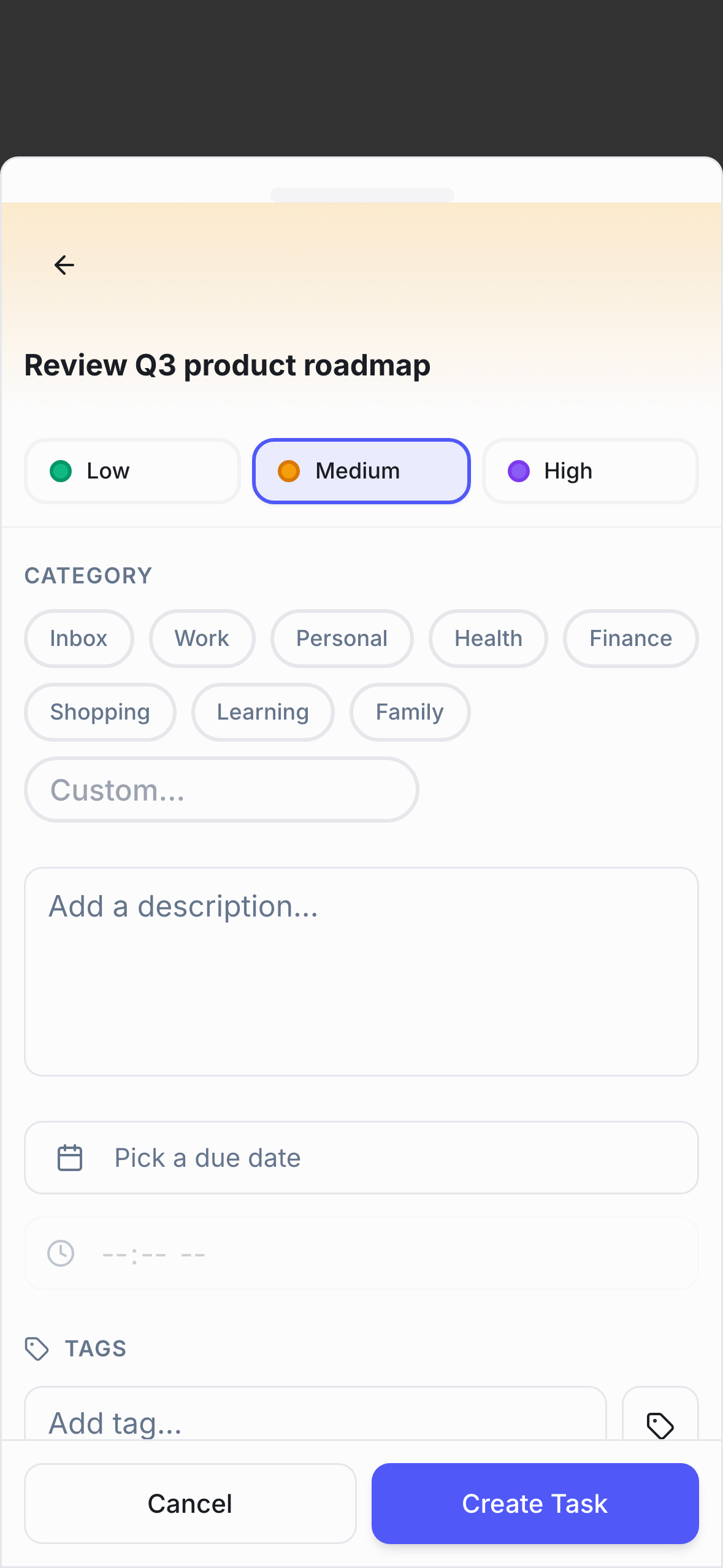 New task form with natural-language date parsing