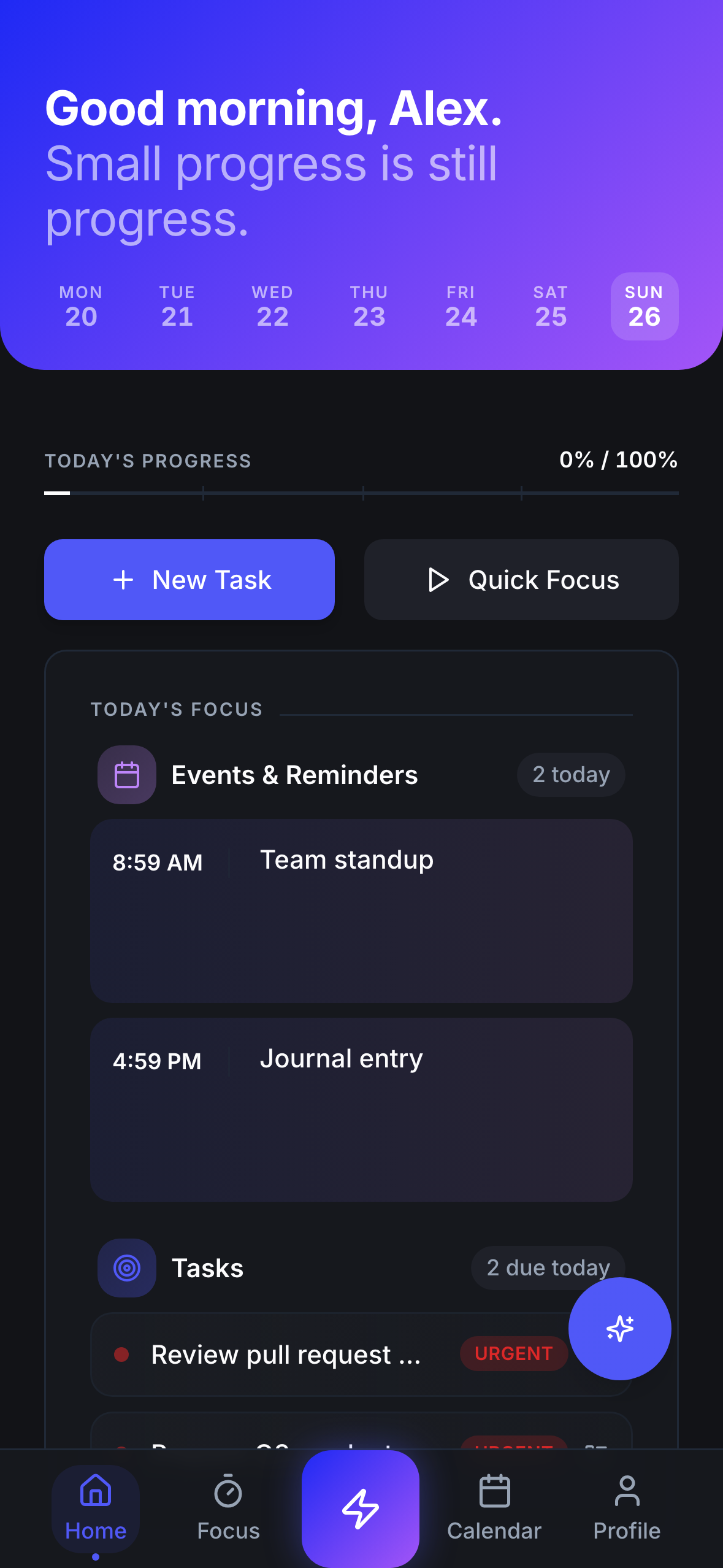 ActionList in dark mode for an evening review