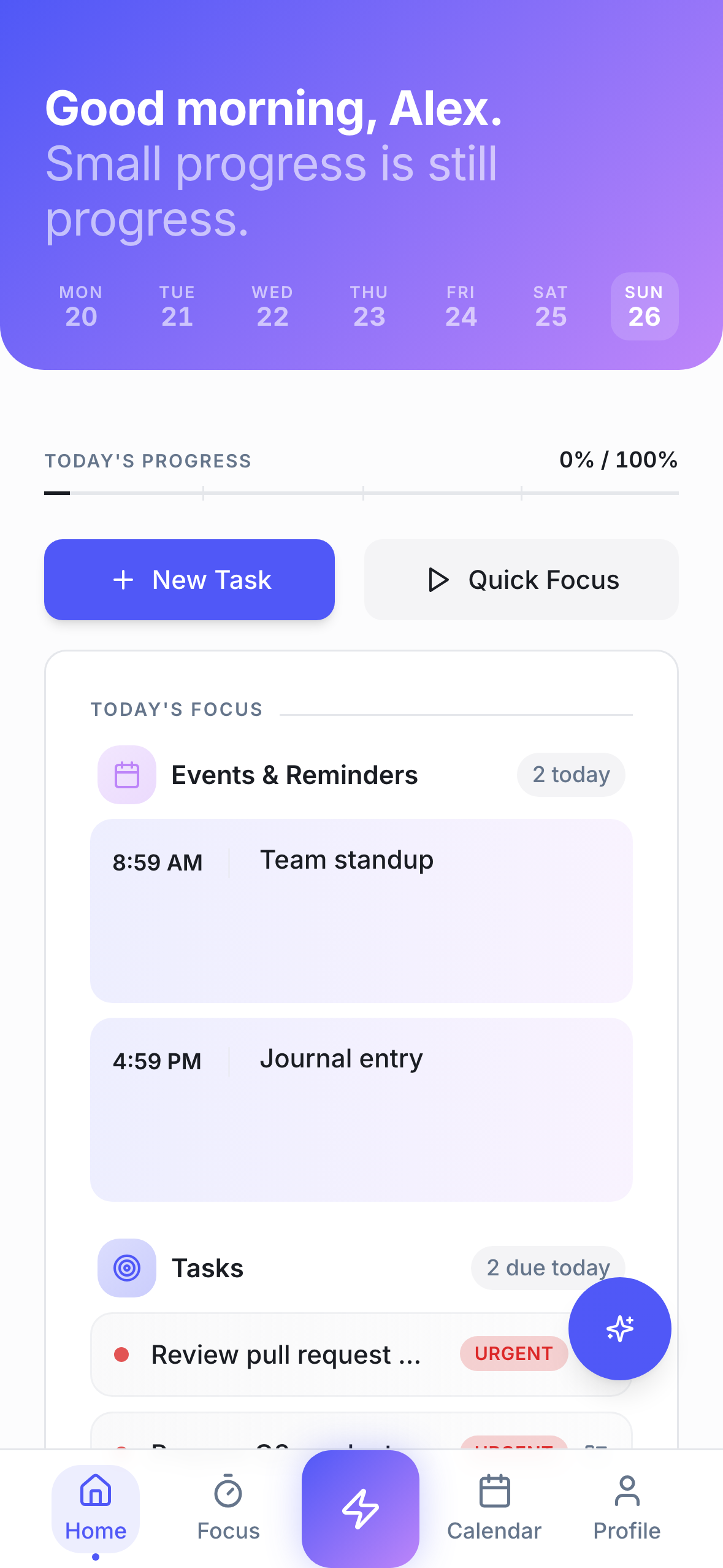 ActionList home dashboard — Good evening Alex, today's focus tasks and weekly insights