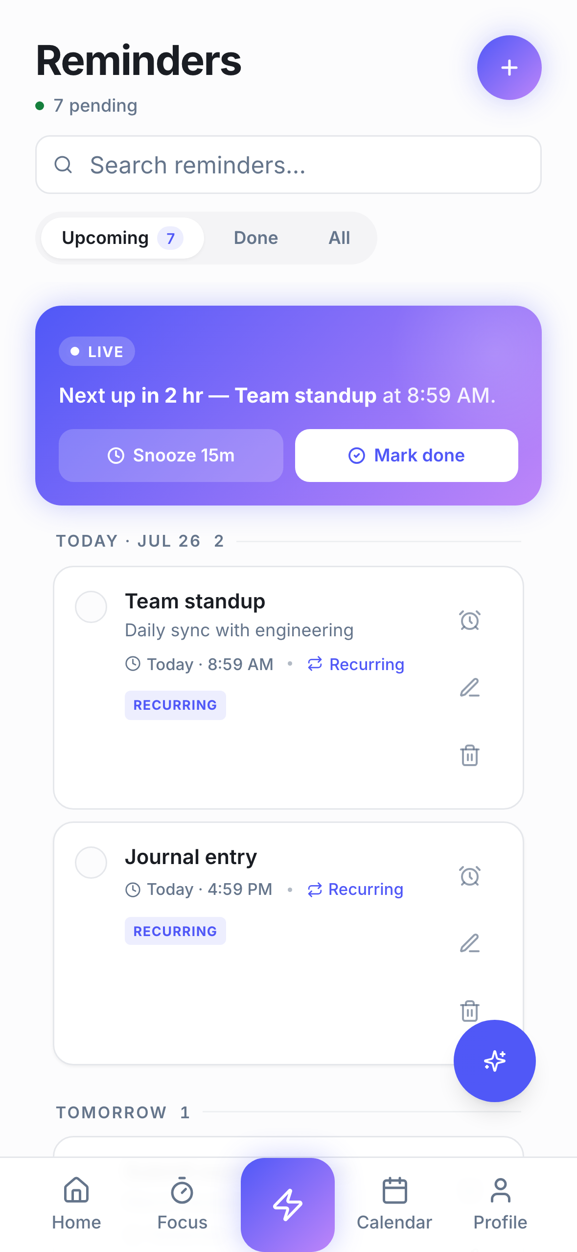 ActionList reminders list with flexible scheduling