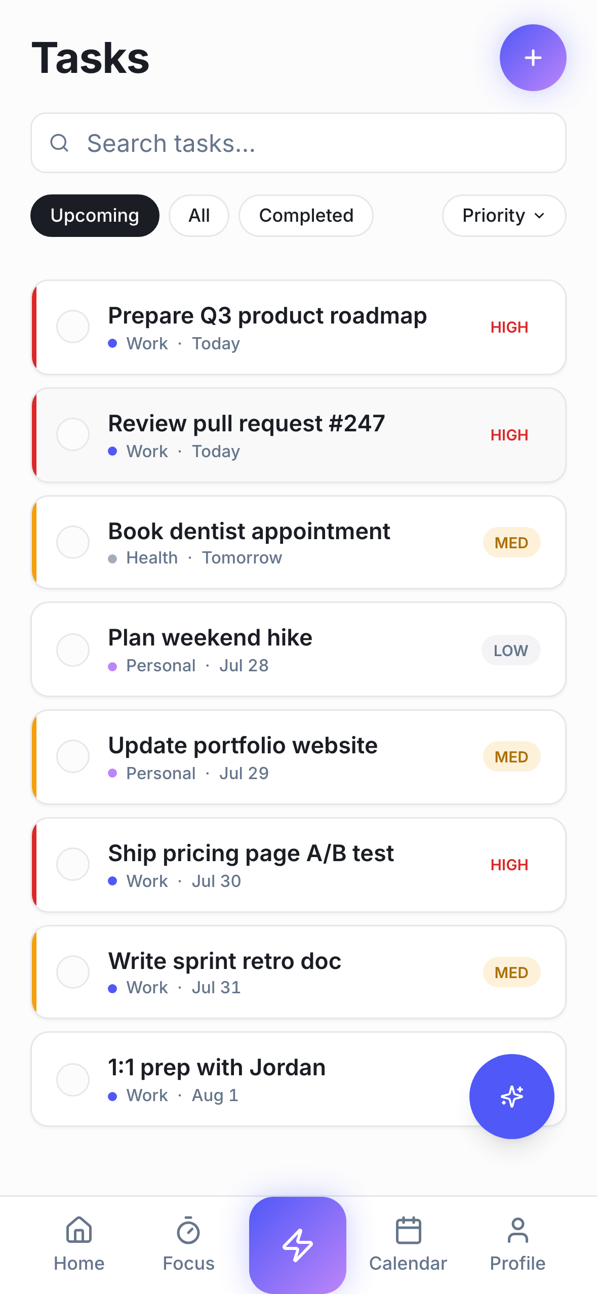 ActionList task list with priorities, due dates, and focus actions